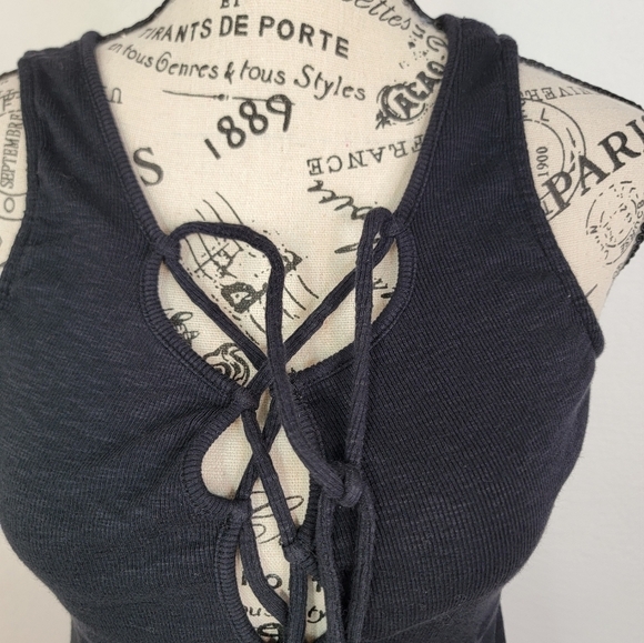 Free People Emmy Lou Tank Top Small Lace-Up Tie Front Ribbed Black - Picture 5 of 9